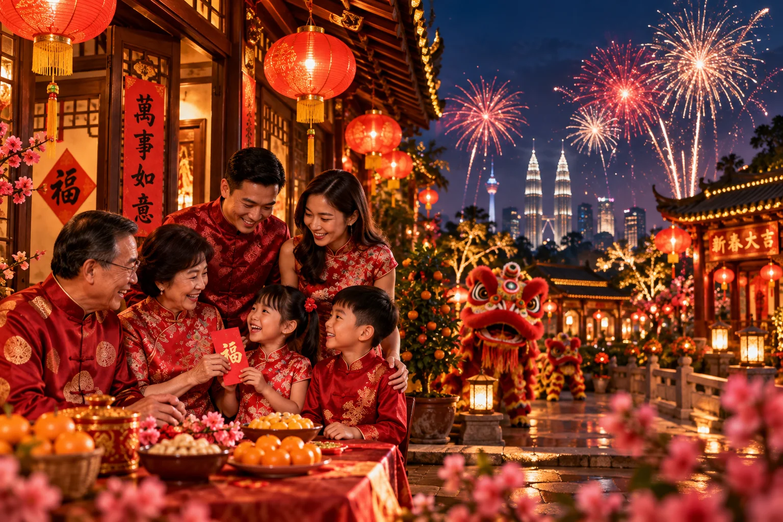 Chinese New Year celebration with family, lanterns, lion dance and fireworks