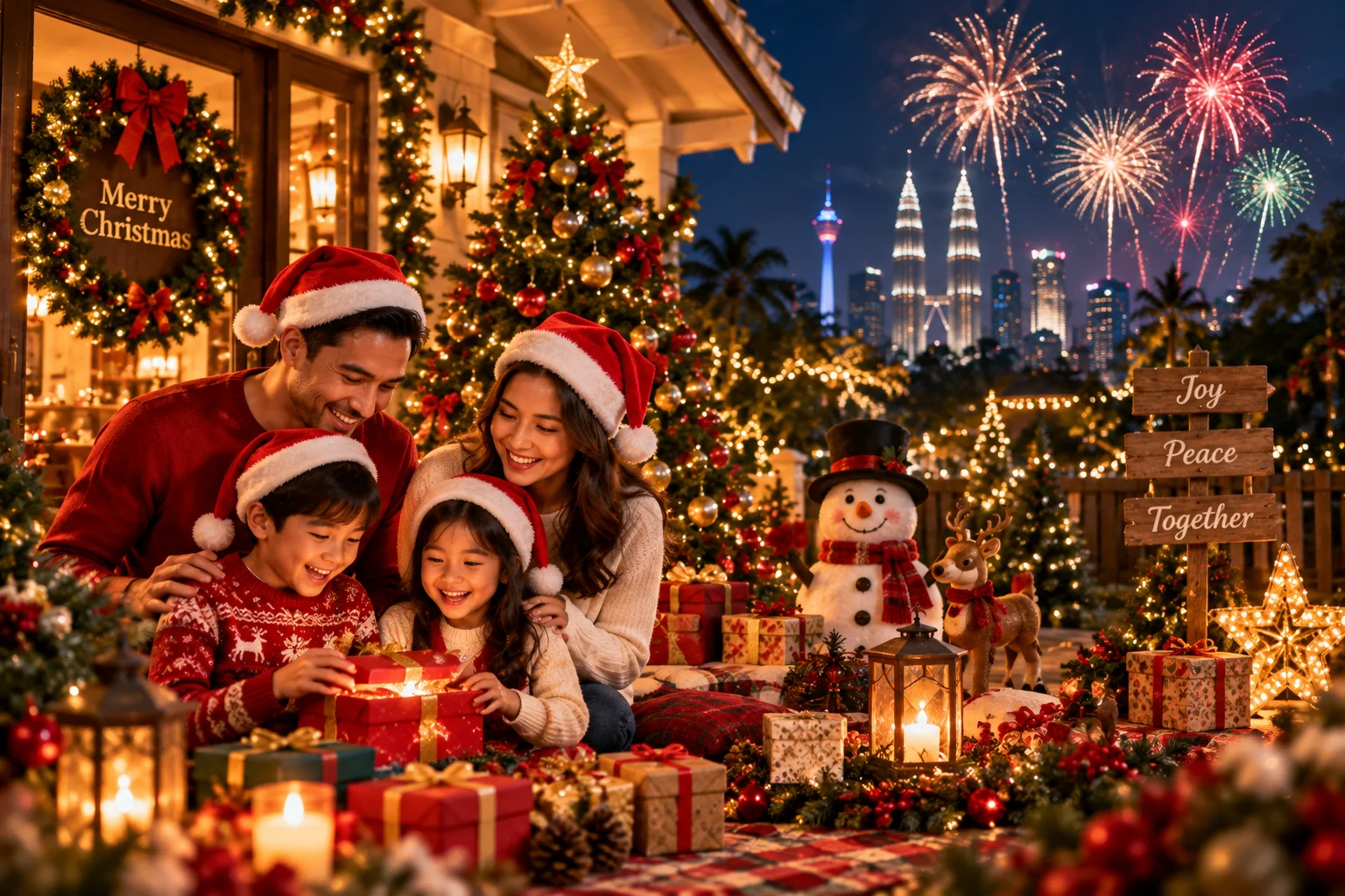 Christmas celebration with family, Christmas tree, gifts and fireworks in Malaysia