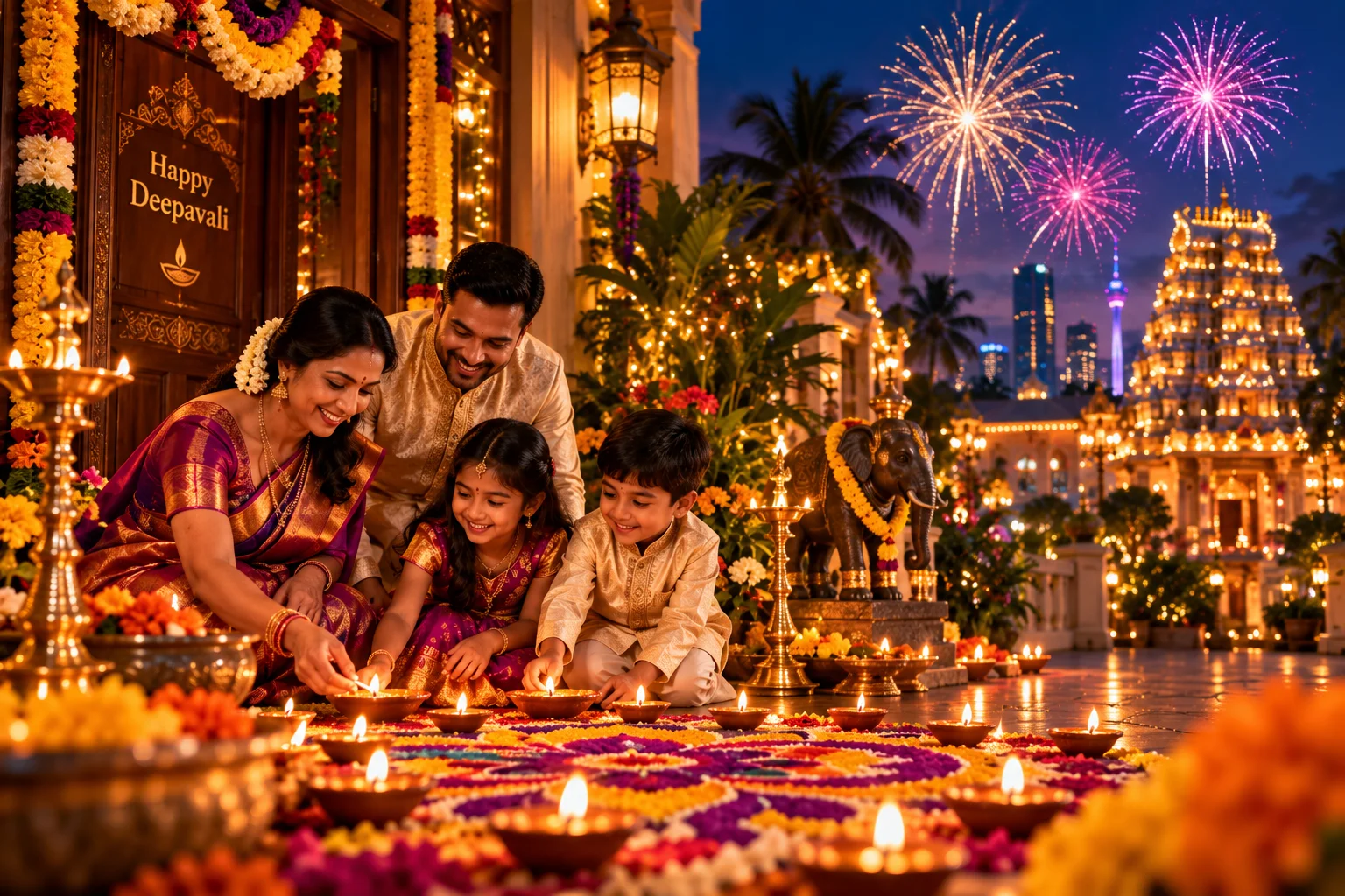 Deepavali celebration with family, traditional lights, rangoli and fireworks