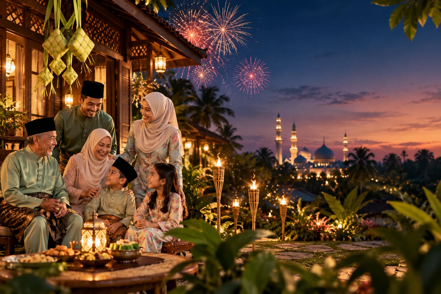 Hari Raya Aidilfitri celebration with family and fireworks