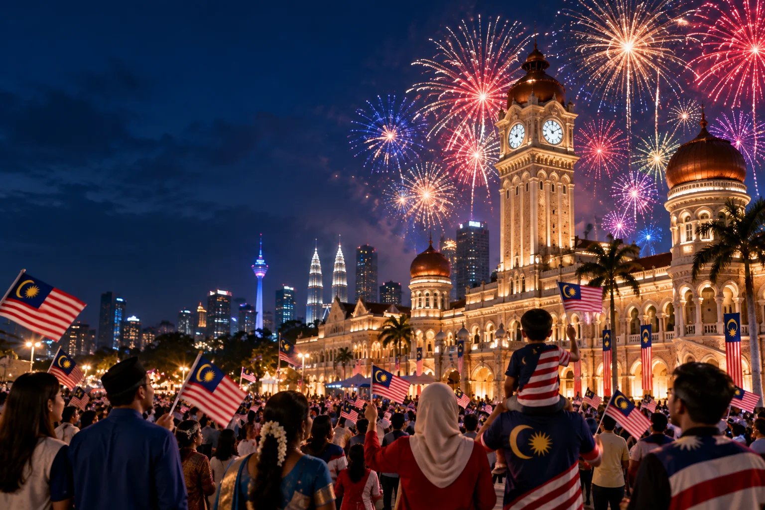 Merdeka celebration at Dataran Merdeka with Bangunan Sultan Abdul Samad and fireworks